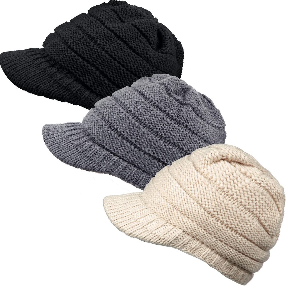8761 2/3/4 Pack Winter Hats Warm Billed Beanie Hats Ribbed Slouchy Knit Ski